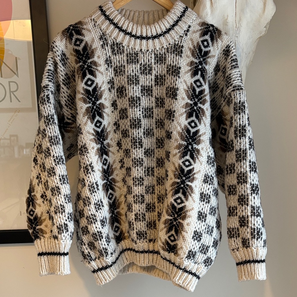 Vintage Inkas World Wool Black, Brown and Cream Crewneck Sweater